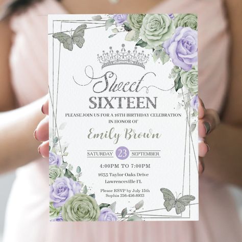 Chic Sage Green Purple Floral Butterflies Sweet 16 Invitation - Sweet 16 Gifts Green Sweet 16, Butterfly Sweet 16, Elegant Birthday Invitations, 16 Invitations, Butterfly Invitations, Floral Birthday Invitations, Sweet Sixteen Invitations, Modern Birthday, Sweet 16 Gifts