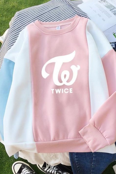 Merchandise Aesthetic, Twice Merch, Twice Logo, Twice Clothing, Two Tone Sweater, Blue And White Sweater, Merch Collection, Love Sweater, Kpop Merchandise