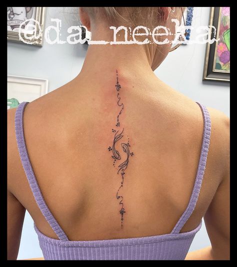 Danica - Rampant Ink Tattoo Studio Nottingham Tropical Back Tattoo, Spine Tattoos Fine Line, Aesthetic Spine Tattoo, Pisces Spine Tattoo, Spine Tattoo Fine Line, Fine Line Tattoo Back, Koi Fish Spine Tattoo, Fine Line Back Tattoo Women, Simple Back Tattoos