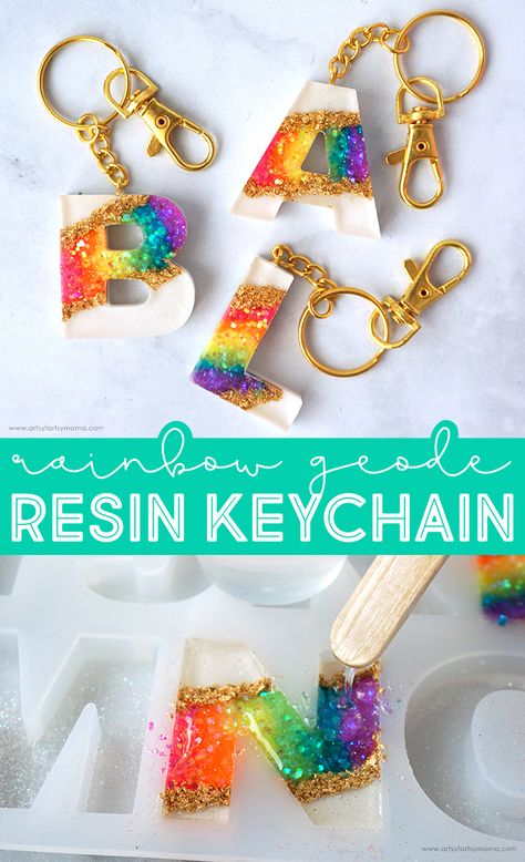 Resin Rainbow Geode Letter Keychain | artsy-fartsy mama Rainbow Resin Keychain, Uv Resin Keychain Diy, Diy Keychain Ideas How To Make, Resin Keychain Ideas, Rainbow Geode, Resin Rainbow, Diy Resin Keychain, Letter Keychain, Creation Art