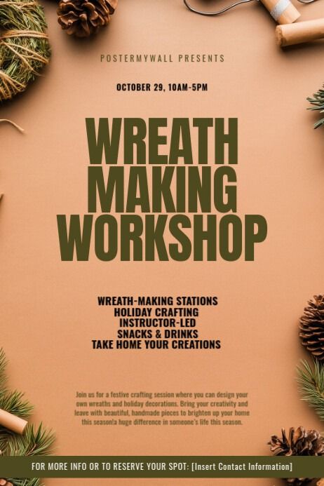 Brown Modern & Minimal Wreath Making Workshop Poster | PosterMyWall Workshop Flyer Design, Workshop Poster Design, Minimal Wreath, Workshop Poster, Church Halloween, Linkedin Background Image, Linkedin Background, Kindle Book Cover, Linkedin Banner