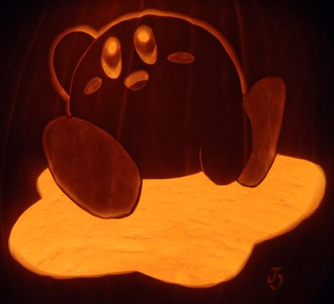 Kirby Jack O Lantern, Kirby Pumpkin Carving, Kirby Pumpkin, Halloween Pumpkins Carvings Designs, Unique Pumpkin Carving Ideas, Train Pumpkin, Halloween Pumpkin Stencils, Pumpkin Cravings, Cute Pumpkin Carving