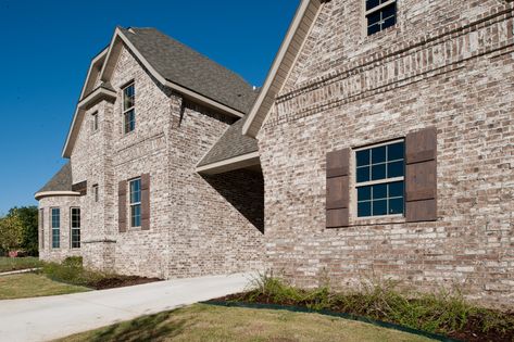 Cement Walkway, Acme Brick Company, Acme Brick, Farmhouse Home Design, Large Cottage, Morris Homes, Exposed Rafters, Brick Masonry, Door White