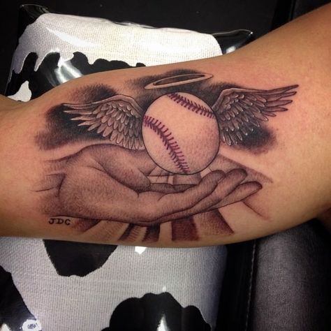 Baseball Tattoo Ideas, Softball Tattoos, Baseball Tattoo, Alas Tattoo, Baseball Tattoos, Rip Tattoo, Half Sleeve Tattoos, Remembrance Tattoos, Wing Tattoo Designs