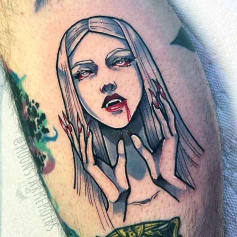 Carmilla Tattoo, Vampire Fang Tattoo, Vampire Tattoo For Women, Castlevania Tattoo Ideas, Castlevania Tattoo, Carmilla Castlevania, Vampire Tattoos, Girly Tattoo, Vampire Tattoo Ideas