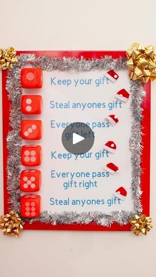 476 reactions · 44 shares | DIY White Elephant Gift Exchange Dice Throw party game ! 🎲🎲🎲with Dollar Tree Supplies!
Add a risky element to your gift exchange! Once gifts have been exchanged throw the dice! Will you keep your gift or grab the gift you’ve been wanting all night! 🤣 so much FUN!
🎲🎲🎲
🐘🐘🐘

LIKE & FOLLOW for more party themes, ideas & DIYs.

DIY STEPS:
🎲Paint a frame Santa red and cut a piece of foam board to fit the frame
🎲Add your dice throw rules
🎲Glue in oversized dice next to each rule
🎲Glue on some magical Santa 🎅🏻luck (his hat!)
🎲Decorate with tinsels & bows
LETS PLAY!
 #diydollartree
#dollartreediy #diydollartree #dollartreedecor #dollartreechristmas  #whiteelephantgifts #whiteelephantparty #whiteelephantpartyideas  #diyChristmasdecor | Natalie Mayhew White Elephant Dice Game Rules Printable, Gift Exchange Dice, Party Themes Ideas, White Elephant Gift Exchange, Diy Steps, White Elephant Party, Christmas Games For Kids, Themes Ideas, Reindeer Games