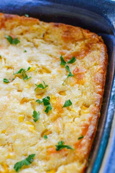 This Jiffy Cornbread Corn Casserole is a creamy baked corn casserole made with sour cream and jiffy mix. It is a great side dish for holiday meals and a great recipe for potlucks. Get this side dish recipe and more at Honeybunch Hunts website. Corn Casserole With Cream Cheese, Baked Creamed Corn Casserole, Corn Soufflé Recipe, Easy Corn Recipes, Baked Corn Casserole, Casserole With Cream Cheese, Cornbread Pudding, Cheesy Corn Casserole, Corn Souffle