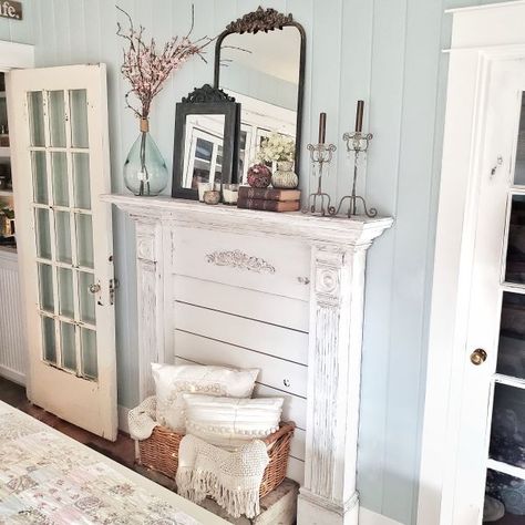 faux fireplace mantel surround in bedroom with mirrors and home decor Make A Faux Fireplace, Faux Foyer, Faux Fireplace Mantel, Fireplace Mantel Surround, Mantle Decorating, Faux Fireplace Mantels, Fireplace Mantel Surrounds, Fake Fireplace, Mantel Surround