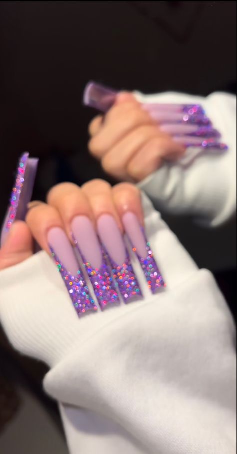 Glitter Tip Nails, Purple Acrylic Nails, Tapered Square Nails, Long Press On Nails, Long Acrylic Nail Designs, French Tip Acrylic Nails, Dope Nail Designs, Coffin Shape, Long Acrylic Nails Coffin