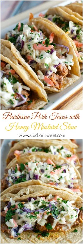 Barbecue Pork Tacos with Honey Mustard Slaw - Stuck On Sweet Honey Mustard Slaw, Mustard Slaw, Types Of Tacos, Pork Tacos, Appetizer Ideas, Barbecue Pork, Corn Dogs, Food Blogs, Pork Dishes