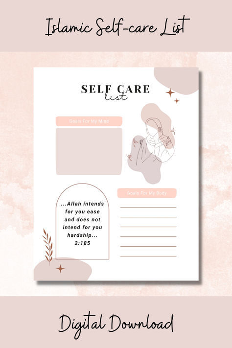 Looking for a way to prioritize self-care while staying true to your Islamic faith? Look no further than my Islamic self-care checklist! Make this self-care checklist a part of your vision board collage and help cultivate personal growth and a healthy lifestyle. With clean, Islam-inspired aesthetics and space for self-care ideas, this checklist is perfect for the clean girl seeking to establish a regular self-care routine. Incorporate new self-care habits to plan and prioritize your well-being! Islamic Self Care Checklist, Islamic Routine, Routine Vision Board, Muslim Planner, Productive Aesthetic, Selfcare Journal, Ways To Be Productive, Morning Routine Productive, Board Collage