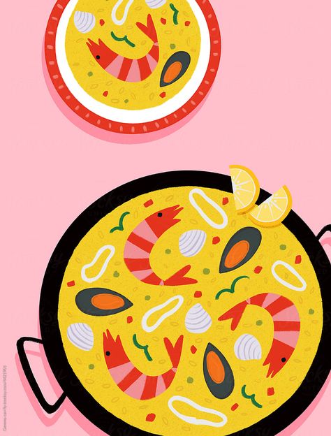 Plate Of Food Illustration, Paella Drawing, Paella Illustration, Food Illustrations Design, Fried Rice Illustration, Food Illustration Art Graphics, Food Poster Illustration, Tapas Illustration, Dishes Illustration