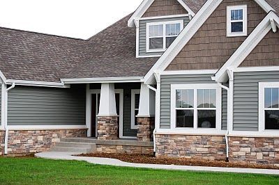 I like the combination of stone, siding, and shakes! The colors are neat too. Gray Siding, Siding Colors For Houses, Exterior House Siding, Exterior House Colors Combinations, House Paint Color Combination, Gray House, Exterior House Paint Color Combinations, Siding Colors, Exterior Paint Colors For House