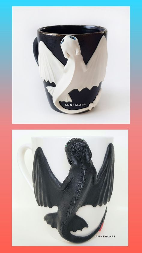 Black and white dragons on ceramic mugs are a cute gift for a couple in love on Valentine's Day. Stitch Polymer Clay, Toothless And Light Fury, White Dragons, Polymer Clay Mug, Dragon Mug, A Couple In Love, Clay Mug, Toothless Dragon, Light Fury