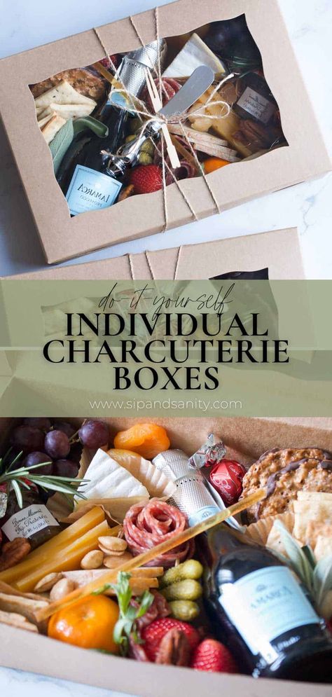 Satisfy everyone's cravings and make your next gathering special with DIY Individual Charcuterie Boxes! Include all your favorite fresh ingredients and any supplies you need to make personalized boxes full of meats, cheeses, crackers, dips and spreads, and treats. Perfect for adding an impressive touch to your next gathering and creating a unique, memorable experience for your guests. Great for gift giving, too! Diy Charcuterie Board Gift, Charcuterie Boxes To Go Individual, Individual Charcuterie Box Ideas, Charcuterie Boxes To Go, Individual Charcuterie Boxes, Charcuterie Gift Basket, Charcuterie Business, Charcuterie Gift Box, Individual Charcuterie