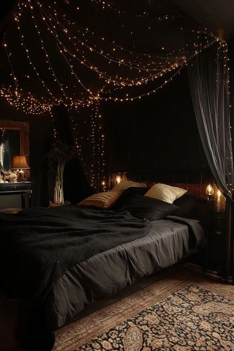 Soft Goth Bedroom Aesthetic, Master Bedrooms Decor Cozy Romantic Dark, Canopy Bed With Lights, Cozy Black Bedroom, Canopy Bed Black, Bedroom Ideas Moody, Dark Romantic Bedroom, Dark Boho Bedroom, Sleep Aesthetic