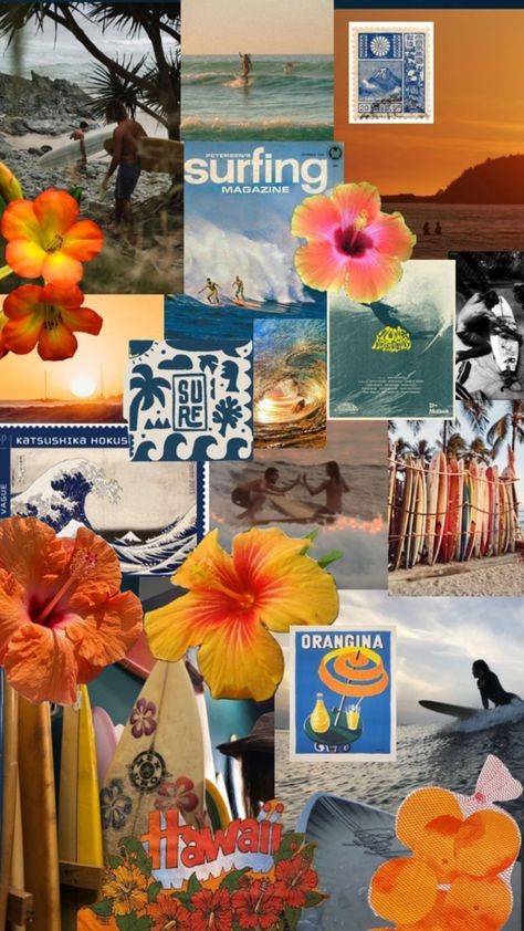 @hfox0890 Orange And Blue Beach Aesthetic, Surfing Collage, Orange Aesthetic Summer, Beachy Collage, Surf Collage, Surf Room Decor, Surfing Magazine, Beach Wall Collage, Summer Wallpapers