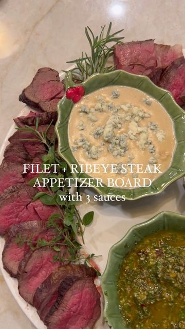 Cortney LaCorte on Instagram: "FILET + RIBEYE STEAK APPETIZER BOARD with 3 sauces 🥩 🎄 If you’re needing a heavy appetizer idea that will impress your guess, THIS is the one! You know I love a board of any kind. In my opinion it’s a great way to feed a crowd, but also looks really beautiful presentation wise. Sooo, a steak board it is! Whoever said steak is only for dinner was wrong, because I love a steak app. #ad Chris whipped up two reverse seared steaks, ribeye + filet, then together we made some delicious dipping sauces: a chili crisp chimichuri, garlic Herb compound butter, and a blue cheese steak sauce. I have recipes for the sauces below! #BeefRanchersandFarmers #BeefUpTheHolidays @BeefItsWhatsForDinner SAUCES Chili Crisp Chimichurri: 2 tbsp chopped fresh garlic 1/2 cup parsley Blue Cheese Steak Sauce, Cheese Steak Sauce, Steak Blue Cheese, Blue Cheese Steak, Steak Appetizers, Herb Compound Butter, Reverse Sear Steak, Steak Board, Steak With Blue Cheese