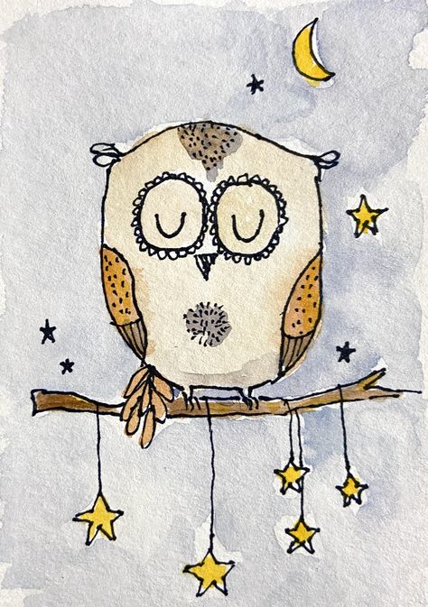 Christmas Owl Watercolor, Owl Doodle Easy, Christmas Owl Drawing, Owl Illustration Art, Draw Owl, Owl Drawing Simple, Cute Owl Drawing, Pencil Case Art, Owl Doodle