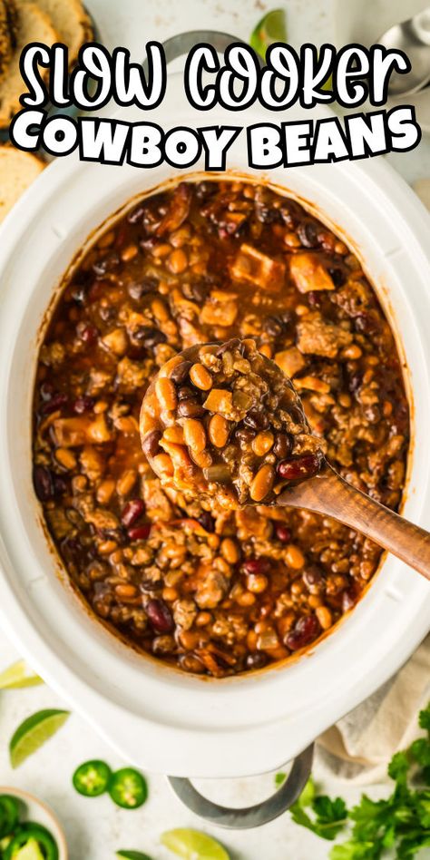 How to make cowboy beans in the slow cooker Cowboy Beans Crockpot, Easy Cowboy Beans, Crockpot Cowboy Beans, Slow Cooker Cowboy Beans, Beans Crockpot, Beans Recipe Crockpot, Beans In Crockpot, Cowboy Beans, Hearty Casseroles