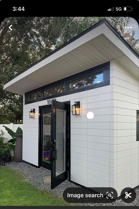 Shed Hair Salon Ideas Backyard Studio, White And Black Shed, Backyard Salon, Salon Esthetics, Large Shed House, Backyard Casita, Fiber Cement Panels, Shed Room, Backyard Office Shed