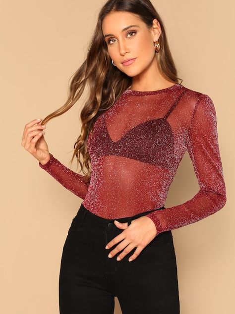 Mock-neck Sheer Glitter Top Without Bralette -SHEIN(SHEINSIDE) Glitter Mesh Top, Sheer Mesh Top, Mesh Tops, Female Transformation, Glitter Top, Tops Long Sleeve, Fit Ideas, Blouse Material, Women Blouses