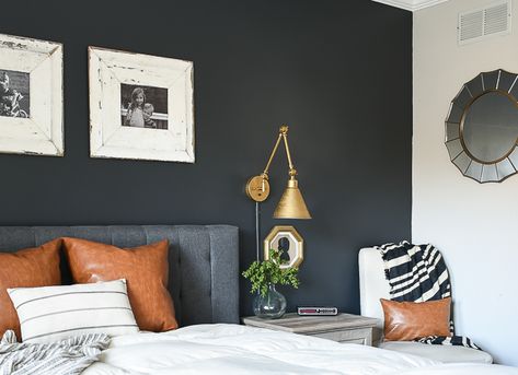 Little house of Four dark gray bedroom makeiver with gray painted accent wall Gray Accent Wall Bedroom, Dark Gray Bedroom, Best Bedroom Paint Colors, Kids Bedroom Remodel, Gray Painted Walls, Grey Accent Wall, Small Bedroom Remodel, Dark Grey Walls, Modern Farmhouse Bedroom