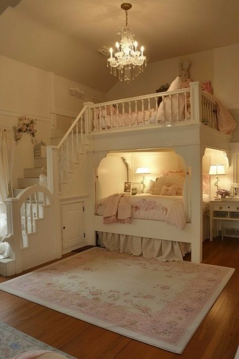 Bedroom Ideas High Bed, Bunk Bed Aesthetic, Room Ideas Bunk Beds, Girls Bedroom Ideas Toddler, Girls Bedroom Decor Ideas, Loft Style Bedroom, Bedroom On A Budget, Bedroom Ideas Inspiration, Cool Room Designs