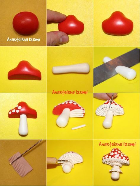 Polymer Mushrooms Clay Tutorials, How To Make Polymer Clay Mushrooms, Polymer Clay Crafts Mushrooms, Polymer Clay Toadstools, Clay Mushroom Tutorial, Polymer Clay Mushroom Tutorial, Polymer Mushrooms, Clay Toadstools, Mushroom Handmade