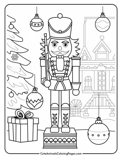 Black and white coloring page featuring a nutcracker soldier standing on a pedestal, surrounded by Christmas decorations including ornaments, a gift box, and a decorated tree, with a festive house in the background. Nutcracker Preschool Craft, Free Printable Coloring Pages Christmas, Nutcracker Crafts For Kids, The Nutcracker Art, Nutcracker Painting Ideas, Nutcracker Coloring Pages, Ballet Coloring Pages, Nutcracker Painting, Nutcracker Art