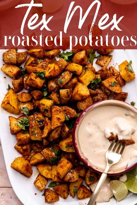 Mexican Red Potatoes, Roasted Mexican Potatoes, Latin Potatoes, Mexican Smashed Potatoes, Tajin Potatoes, Vegan Tex Mex Recipes, Tex Mex Potatoes, Tex Mex Side Dishes, Mexican Style Potatoes