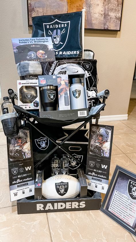 Had to come up with a gift basket to be auctioned off at the kids school Fall Festival. Had to think outside of the box and not use your ordinary basket. Raiders Diy Gift, Football Themed Gifts, Football Themed Gift Basket Ideas, Basket Gift Ideas For Boyfriend, Basket Diy Ideas, Basket Ideas For Girlfriend, Sports Gift Basket, Football Gift Baskets, Client Gift Baskets