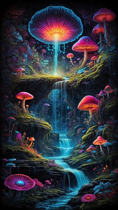 A painting of a psychedelic mushroom forest with a waterfall and flowers Trippy Mushroom Painting, Crazy Mushrooms, Posca Ideas, Fae World, Good Vibes Wallpaper, World Drawing, Bohemian Painting, Mushroom Painting, A Phone Wallpaper