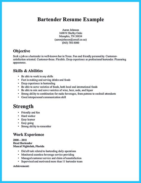 Bartender Resume, Server Resume, Professional Resume Examples, Free Resume Examples, Resume No Experience, Good Resume Examples, Cv Examples, Resume Objective, Resume Writing Services