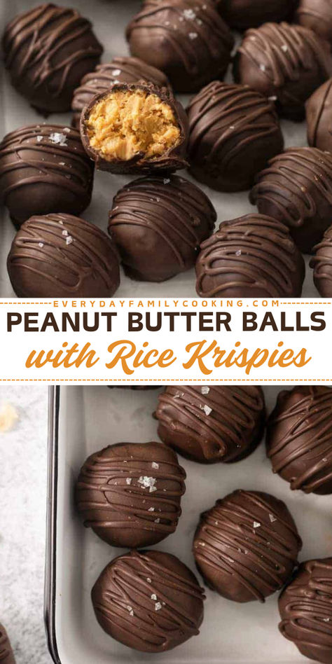 Easy Halloween desserts? Learn how to make the best ever peanut butter balls! This no-bake peanut butter ball recipe makes dessert balls with soft and creamy peanut butter center stuffed with rice krispies and coated in smooth chocolate. Add sprinkles! Peanut Butter Balls With Chocolate Rice Crispy, Jo’s Peanut Butter Balls, Pb Rice Krispie Balls, Chocolate Peanut Butter Balls With Rice Krispies Recipe, Rice Crispy Peanut Butter Balls Recipe, Peanut Butter Crunch Balls, Honey Peanut Butter Scotcheroo Balls, Chocolate Peanut Butter Rice Krispie Balls, Chocolate Peanut Butter Rice Crispy Balls