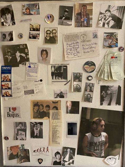 Band Wall Collage, Photo Wall Grunge, The Beatles Room Decor, Wall Collage Grunge, 90s Grunge Bedroom, Beatles Room Decor, Beatles Bedroom, Grunge Wall Collage, The Beatles Aesthetic