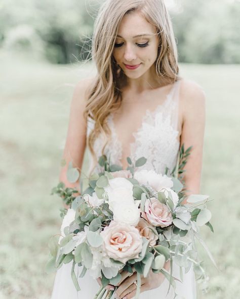 Blush And Green Bouquet, White Rose And Eucalyptus Bridal Bouquet, White Blush And Green Bridal Bouquet, Soft Romantic Bridal Bouquet, Silver Dollar Eucalyptus Bouquet, Dusty Miller Wedding Bouquet, Eucalyptus Silver Dollar, Baby Blue Eucalyptus, Blush Bouquet Wedding