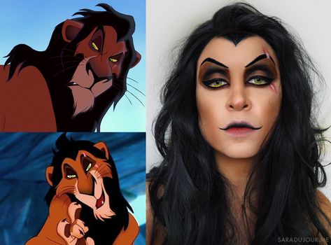 Scar Lion King Drag Makeup | Sara du Jour Diy Scar Costume Lion King, Scar Disney Makeup, Disney Makeup Looks, Scar Halloween Costume, Scar Lion King Makeup, Scar Lion King Fancy Dress, Scar From Lion King Makeup, Drag King Makeup, Scar Makeup