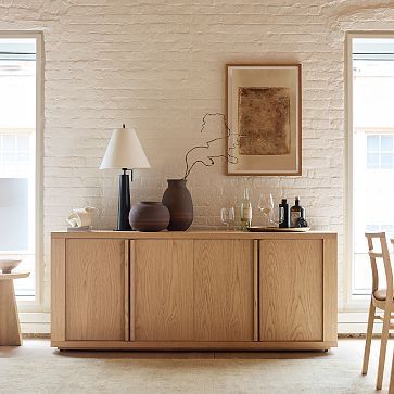 Oak Media Console, White Oak Veneer, Media Consoles, Wall Mirror With Shelf, Modern Buffet, Solid Wood Sideboard, Office Inspo, Fall Lookbook, Persian Style Rug