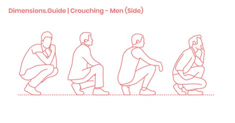 Crouching - Men (Side) Dimensions & Drawings | Dimensions.com Person Crouching Down Reference, Man Crouching Pose Drawing Reference, Scraped Knees Drawing, Man Bending Over Pose Reference, Someone Crouching Reference, Sneaking Pose Reference, Person On Their Knees Reference, Person Crouching Reference, Person Crouching