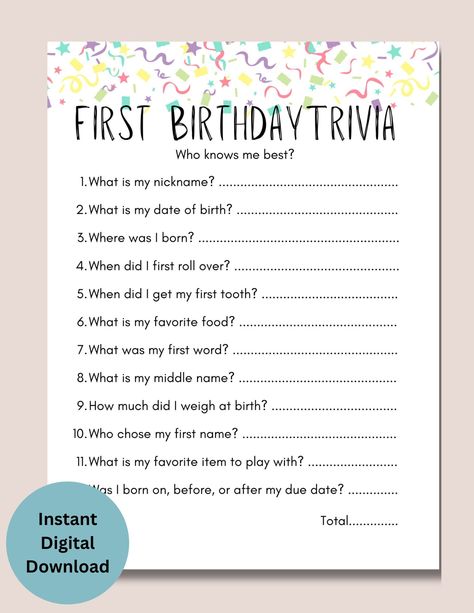 Looking for a fun first birthday game to please the crowd? This digital download is perfect! Not only can the PDF document be dowloaded and printed from the comfort of your own home, you can also download and share digitally as well.  Please note: - This listing is for an instant download; no physical product will be shipped. - A PDF file will be available to download immediately after purchase. - The PDF file is not editable or customizable. If you have any questions, please feel free to reach out! I'll be happy to help. First Bday Games, Party Games 1st Birthday, First Birthday Must Haves, 1st Birthday Activities For Guests, First Birthday Activities For Guests, 1st Birthday Activities, First Birthday Party Games, Birthday Trivia, 1st Birthday Games