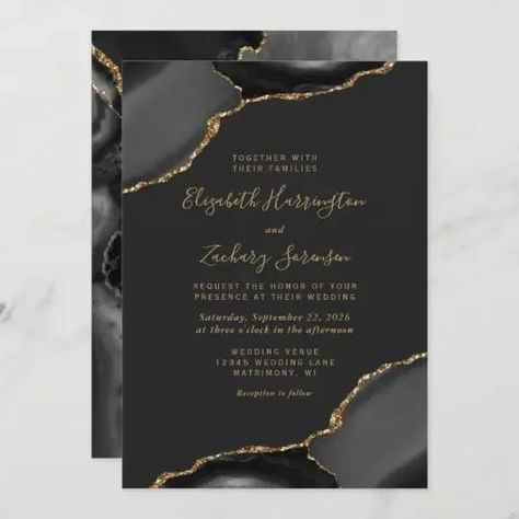 This elegant modern wedding invitation features a black watercolor agate design trimmed with faux gold glitter in two corners. The customizable text combines gold-colored handwriting, copperplate and italic fonts on a slate black background. The reverse side features a matching black and gold agate design. Black White Gold Wedding Theme, Dark Wedding Invitations, Black And Gold Invitations, Purple And Gold Wedding, Folded Wedding Invitation, Unique Wedding Cards, Wreath Wedding Invitations, Elegant Modern Wedding, Black Watercolor