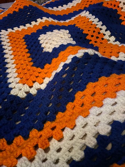 Broncos colors blanket Crochet Auburn Baby Blanket, Denver Broncos Crochet Pattern Free, Broncos Crochet Blanket Pattern, Navy And Orange Blanket, Orange Afghan Crochet, Broncos Colors, Baby Blankie, Granny Square Afghan, Crochet Blanket Afghan