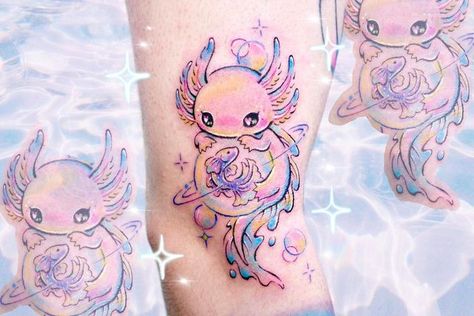 Aesthetic Axolotl, Axolotl Tattoo, Care Bear Tattoos, Tattoo Aesthetic, Cartoon Character Tattoos, Tattoos For Women Half Sleeve, Kawaii Tattoo, Cute Little Tattoos, Cute Tiny Tattoos