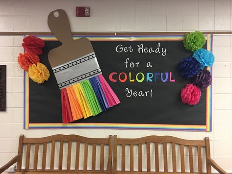 Bulletin Board Ideas Welcome Back, Colours Day Decoration In School, Colour Wall Display Preschool, Get Ready For A Colorful Year Bulletin, Rainbow Art Classroom Decor, Pre Primary Classroom Wall Painting, Farm Classroom Decorations, Welcome To Preschool, Middle School Bulletin Boards