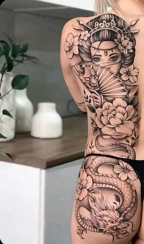 Dragon Geisha Tattoo, Japanese Leg Tattoo Women, Female Japanese Tattoo, Full Back Tattoo Women Japanese, Geisha Back Tattoo, Japanese Back Tattoo Women, Geisha Tattoo Sleeve, Japanese Geisha Tattoo, Tattoo Nightmares