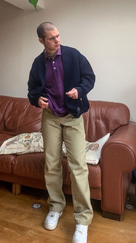 vintage outfit wearing beige dickies, kappa purple polo, vintage wool jacket and air force 1s Purple Polo Outfit Men, Dickies Khaki Pants Outfit Men, Purple Polo Outfit, Purple Jeans Outfit, Khaki Pants Outfit Men, Polo Outfit Men, Polo Shirt Outfit Men, Khaki Pants Outfit, Polo Shirt Outfits