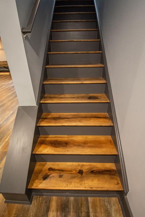 Step Ideas Stairs Indoor, Stained Basement Stairs, Stair Landing Flooring Ideas, Diy Staircase Makeover, Stair Renovation, Rustic Stairs, Stairs Renovation, Stair Makeover, Stairs Makeover