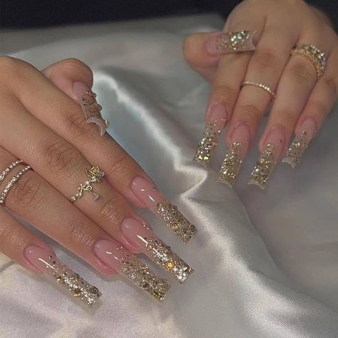 PRICES MAY VARY. [Package Content] You will get 24 pieces of IMRAIN long square press on nails, a small clear box with glue, and you can trim it to any length you want~ [Quality Material] These gold glitter press on nails are made of quality acrylic material, non-toxic and gentle to your nails and skin, durable and not easy to be scratched, will give you a nice manicure experience. [Easy to Use] After trimming and cleaning your nails, choose a false nail that is suitable for your own nail size, French Coffin, Fake Nails With Glue, Fake Nail, Nail Length, Nails Long, Birthday Nails, Nail Art Hacks, Bling Nails, Artificial Nails