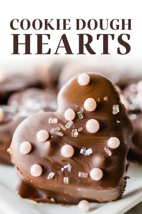 These adorable no-bake chocolate covered Cookie Dough Hearts are the perfect homemade chocolate treat for Valentine’s Day, no chocolate tempering or candy melts required! This easy, from-scratch recipe is the best creative dessert idea - perfect for him, or for two! Cookie Dough Hearts, Chocolate Covered Cookie Dough, Ultimate Cookie Recipe, Chocolate Tempering, Valentine Sweets, Chocolate Covered Cookies, Romantic Desserts, Impressive Desserts, Cookie Recipes Homemade